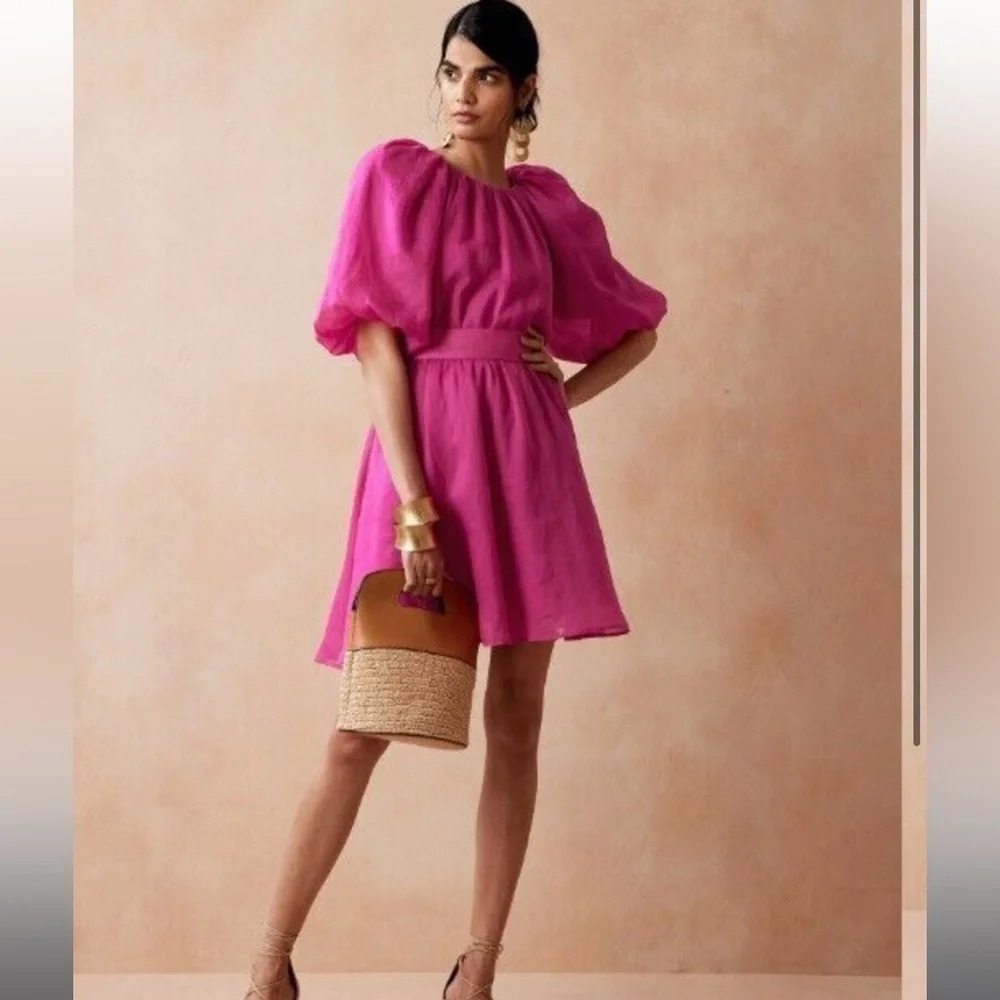 NWT BANANA REPUBLIC PUFF SLEEVE OPEN BACK RAMIE DRESS